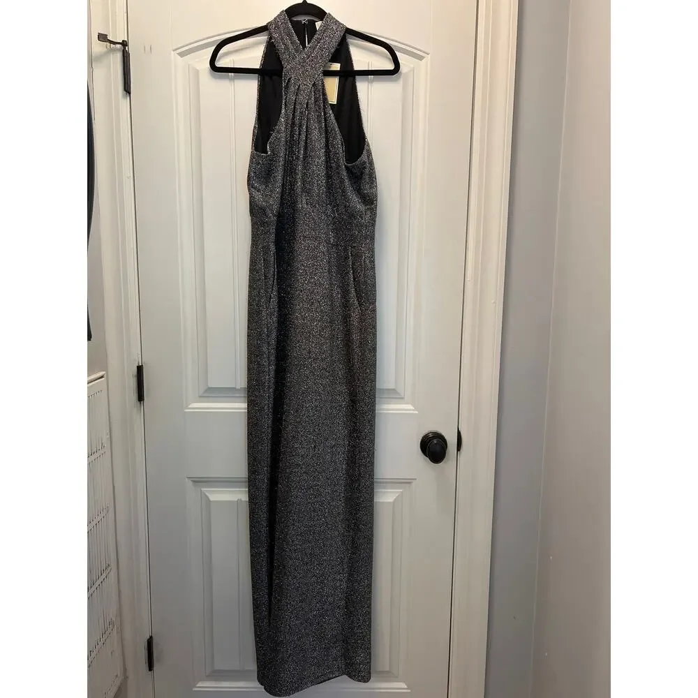 NWT Michael Kors Women’s Halter‎ Neck Lurex Twist Jumpsuit Size XL Silver Gray
